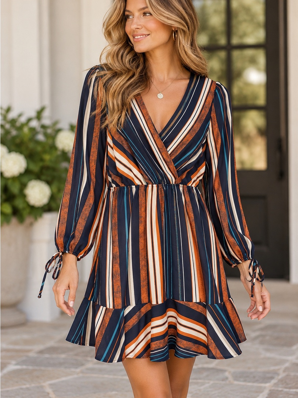 Le Lis Striped V-Neck Mini Dress in Navy, Rust, Cream and Teal